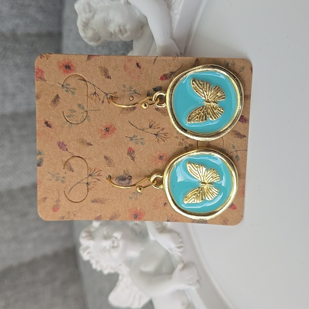 Classic Victorian Coin Butterfly French Hook Earrings In Teal, NWT